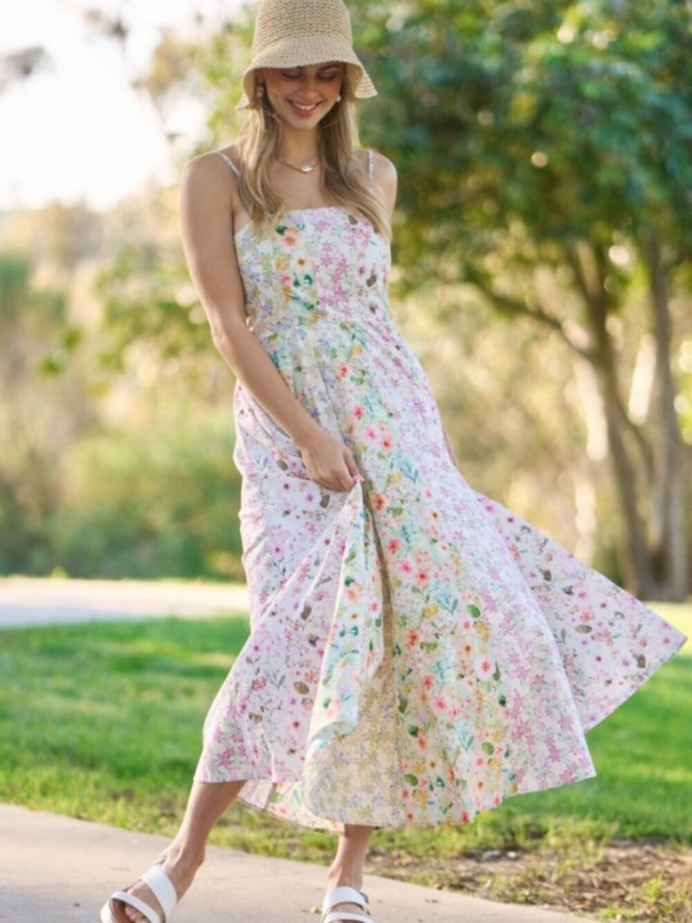 Mixed Floral Midi Dress Spaghetti Strap Pastel Print Medium - Picture 3 of 14